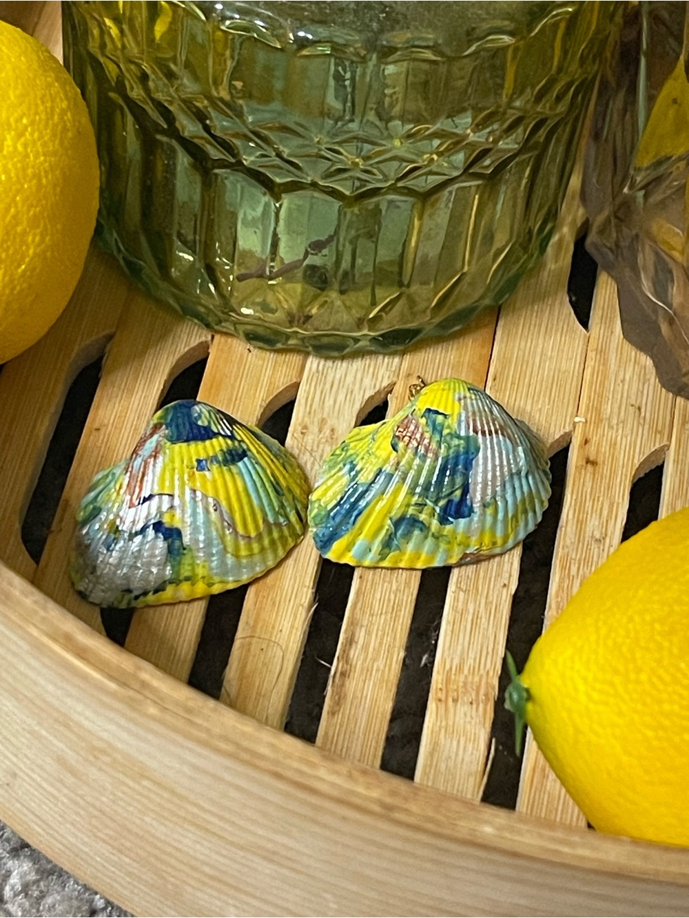 Hand-Painted Yellow & Blue Shell Art Accent - Coastal stud earrings